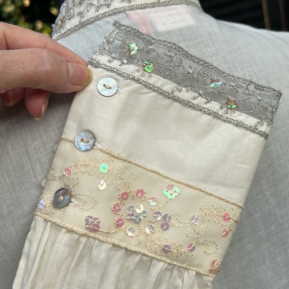 Vintage Woven Cotton Shirt with Dainty Lace, Beads and Sequins 14 - Picture 4 of 9